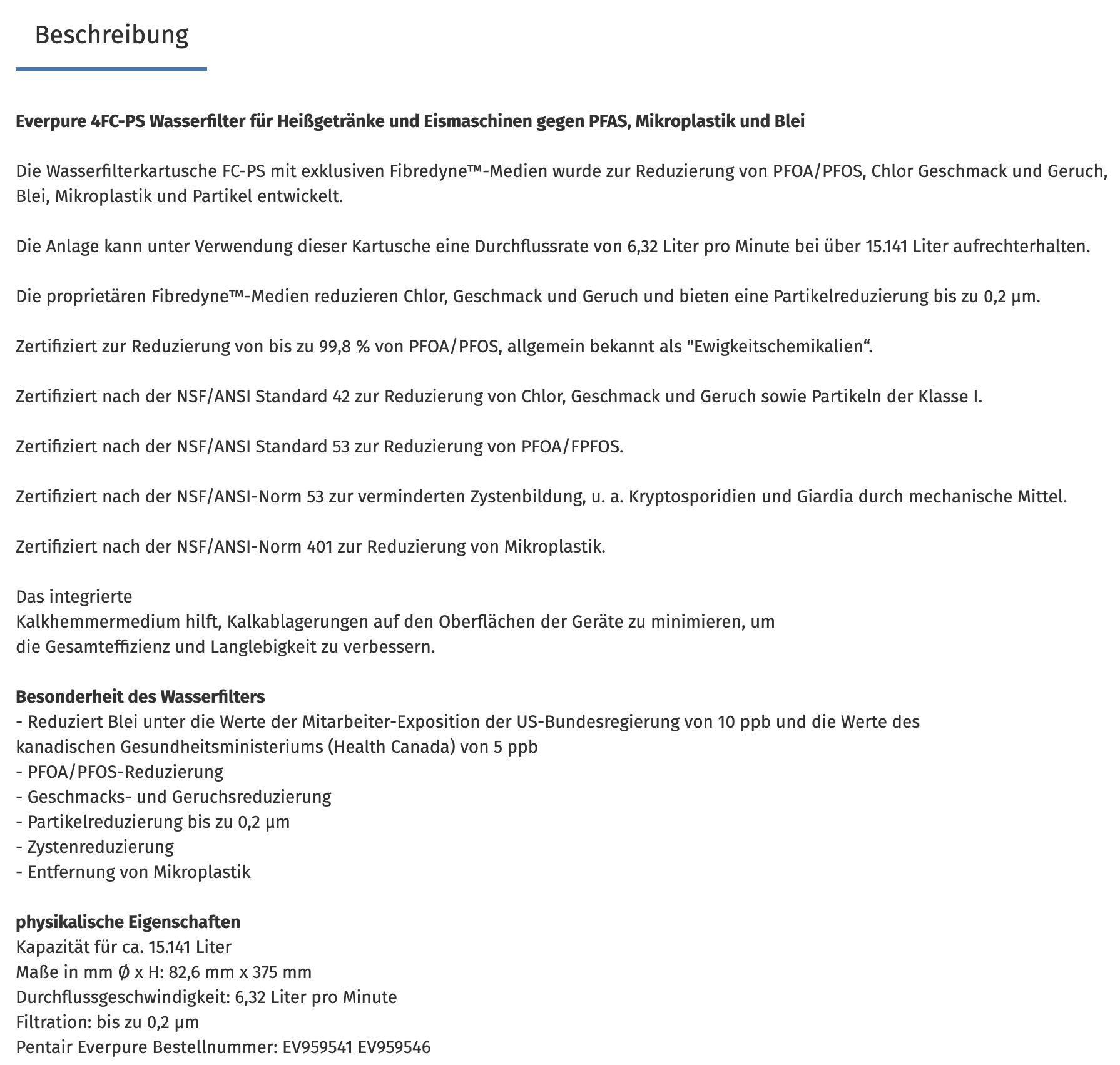 Filterkartusche Pentair Everpure 4FC-PS (mit Kalkreduzierung)